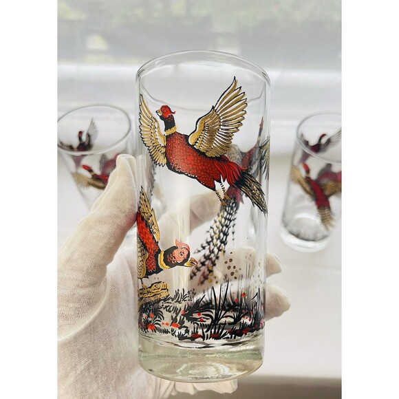 VTG Hazel Atlas Glasses Lot of 3 – 22K Gold Leaf & Enamel Pheasant Design – 1950 - Picture 3 of 10